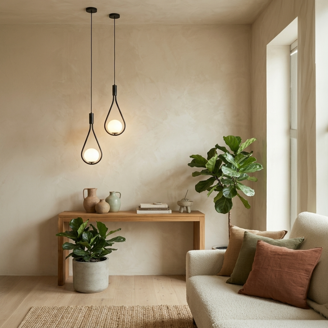Keldvik — Dropstone Pendant Light, Black Metal and Glass — Nordic Japandi Living Room, square 1