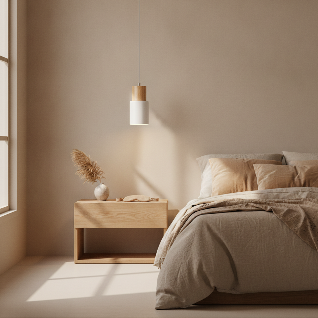 Keldvik — Woodhue Pendant Light, Natural Wood and Iron — Soft Neutral Bedroom, square 1