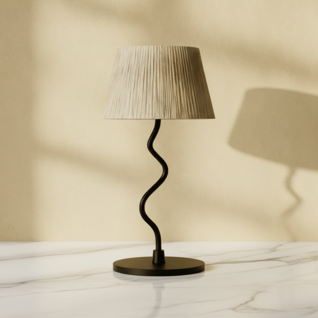 Keldvik — Sculptura Table Lamp, Woven Paper Rope Shade on Black Metal Base — Marble Surface, square 1