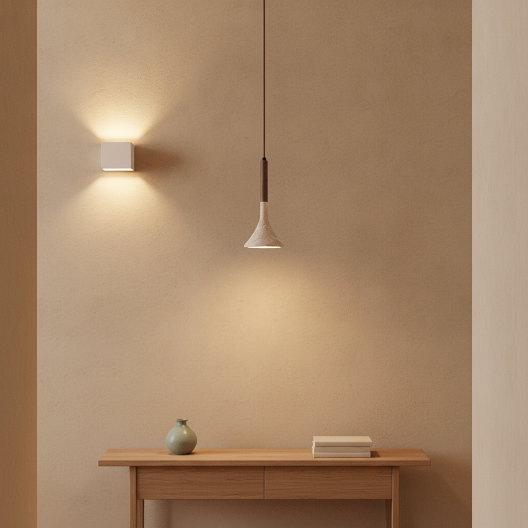 Keldvik — Woodnord Pendant Light, Natural Travertine and Wood — Minimal Hallway with Wall Light, square 1