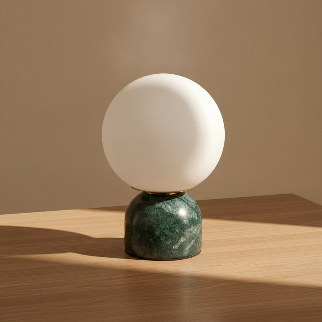 Keldvik — Onyx Table Lamp, Smooth Black Marble Base with White Glass Shade — Wooden Table, square 2