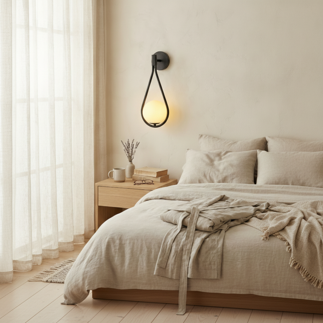 Keldvik — Lunaris Ceiling Lamp, Elegant Glass Globe on Metal Arm — Soft Neutral Bedroom, square 1