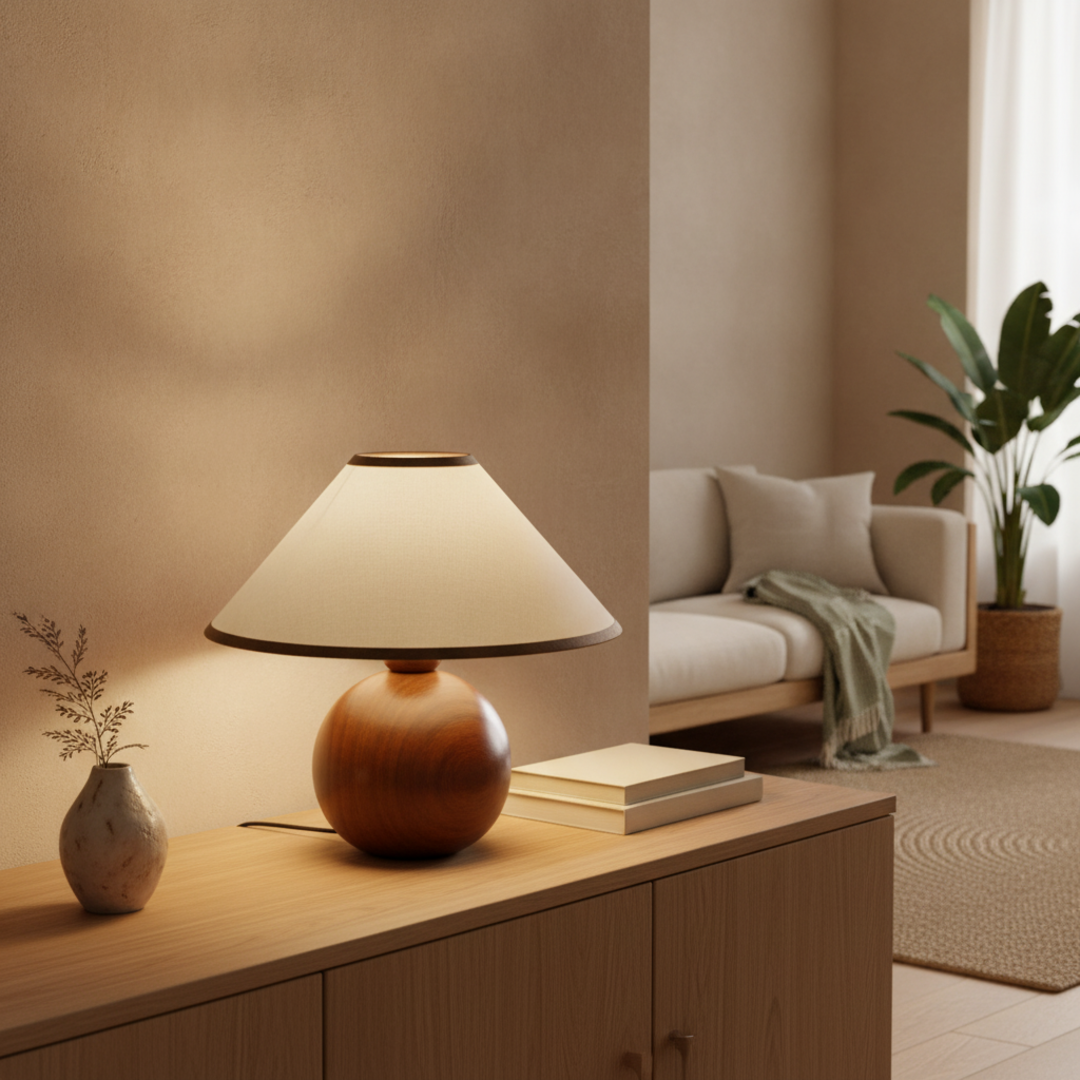 Keldvik — Timberglow Table Lamp, Rich Walnut Finished Wood — Nordic Japandi Living Room, square 1