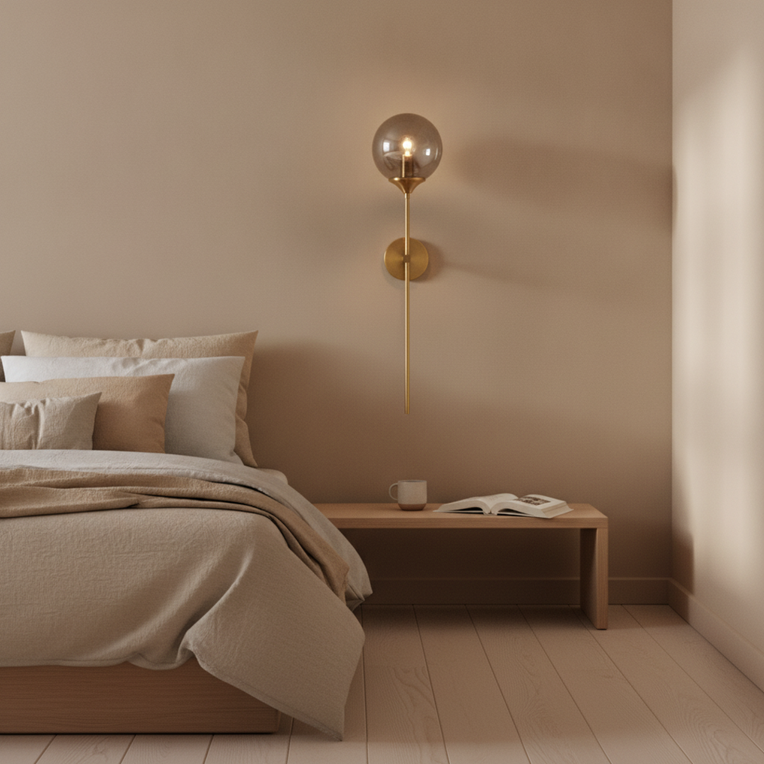 Keldvik — Globeveil Wall Lamp, Clear Glass with Iron Frame — Soft Neutral Bedroom, square 1
