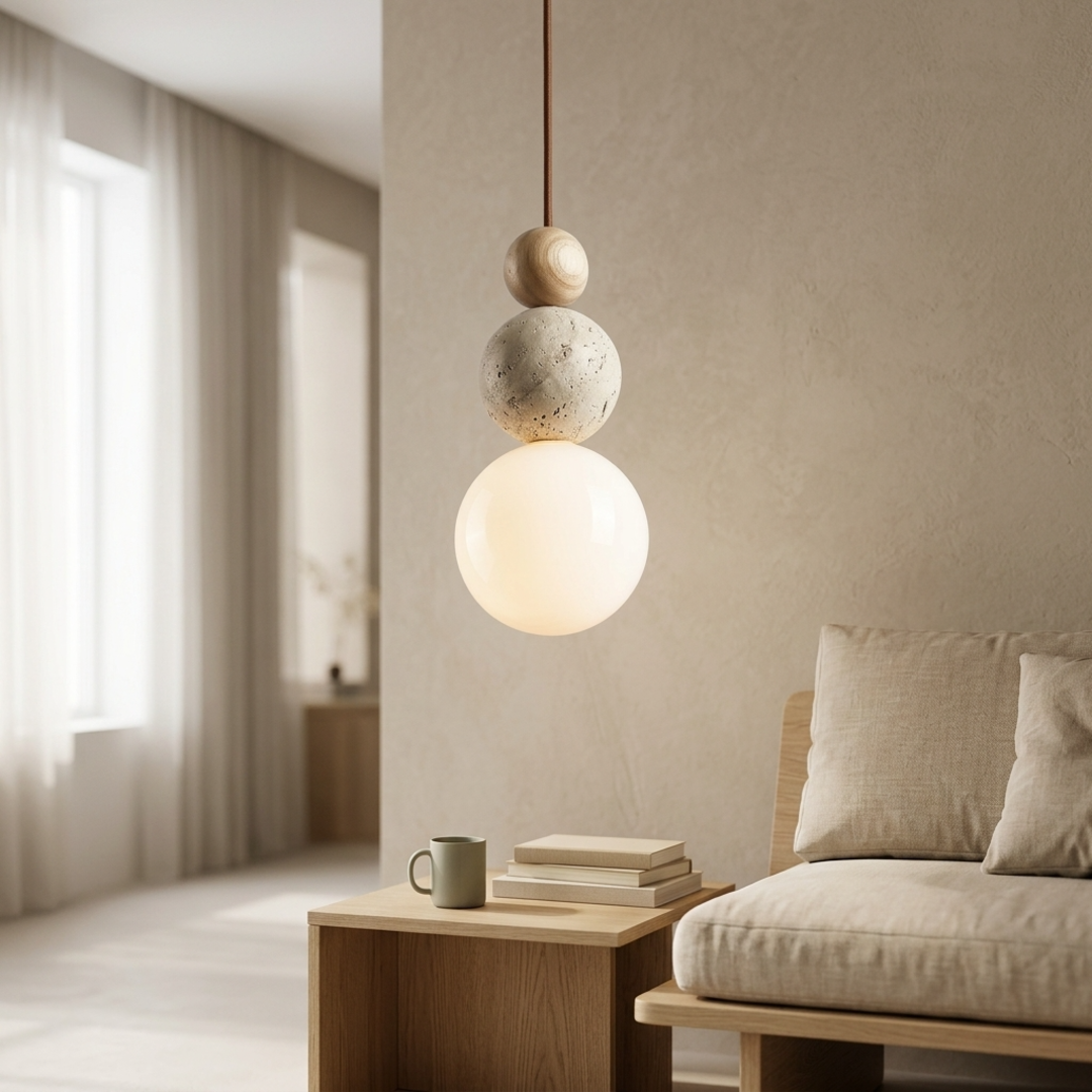 Keldvik — Stonewave Pendant Light, Textured Stone and Smooth Wood — Floor Lamp in Japandi Living Room, square 2