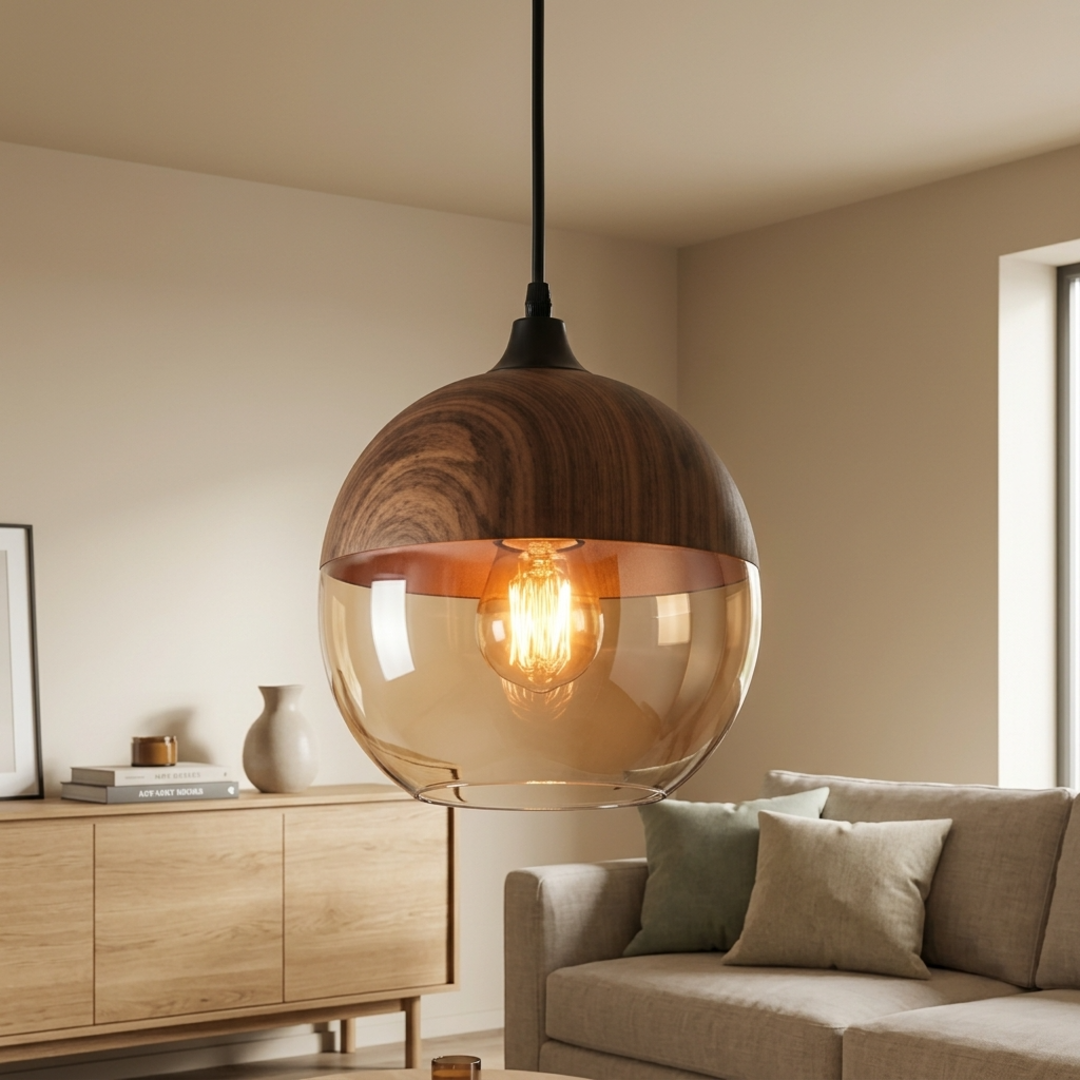 Keldvik — FjordLume Ceiling Light, Wooden Fixture with Tinted Glass — Nordic Japandi Living Room, square 1