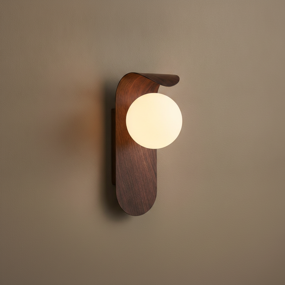 Keldvik — Mistveil Wall Lamp, Frosted Glass Globe on Wood Base — Premium Catalog Look, square 1