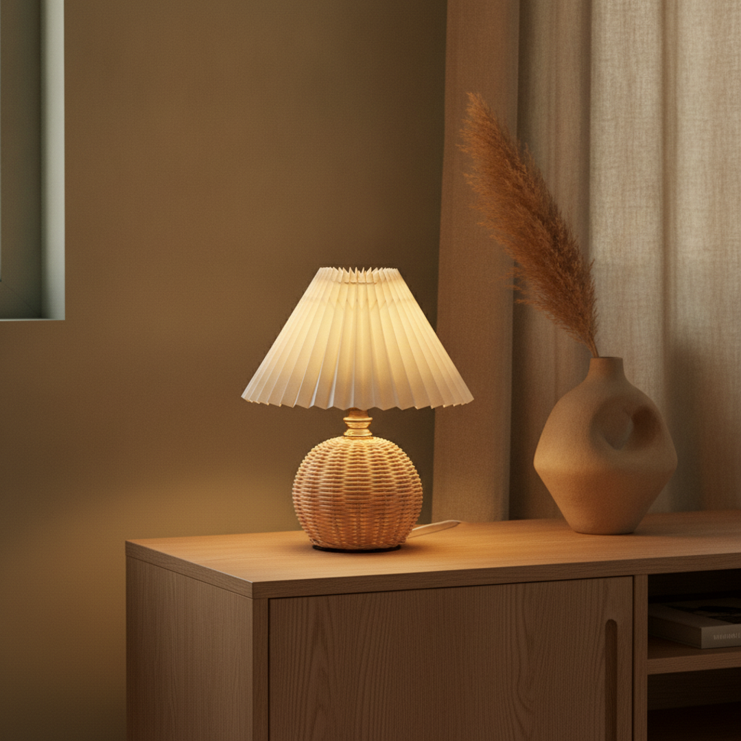 Keldvik — Hearthcone Table Lamp, Woven Rattan with Pleated Fabric Shade — Luxury Interior, square 1