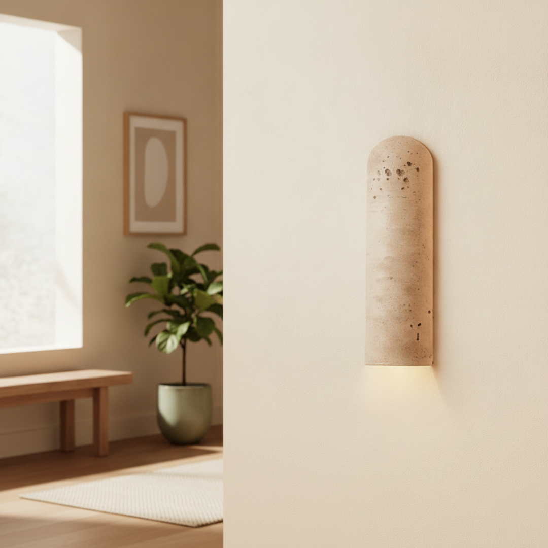 Keldvik — Stoneveil Wall Sconce, Authentic Travertine — Wall Sconce in Warm Hallway, square 5