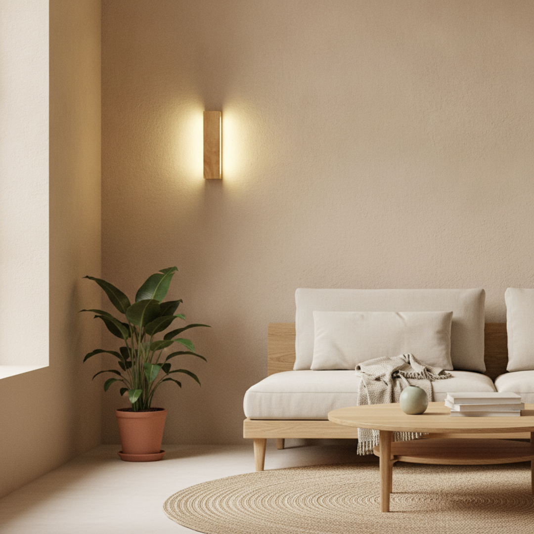 Keldvik — Harmonia Wall Sconce, Solid Wood and Frosted Acrylic — Nordic Japandi Living Room, square 1