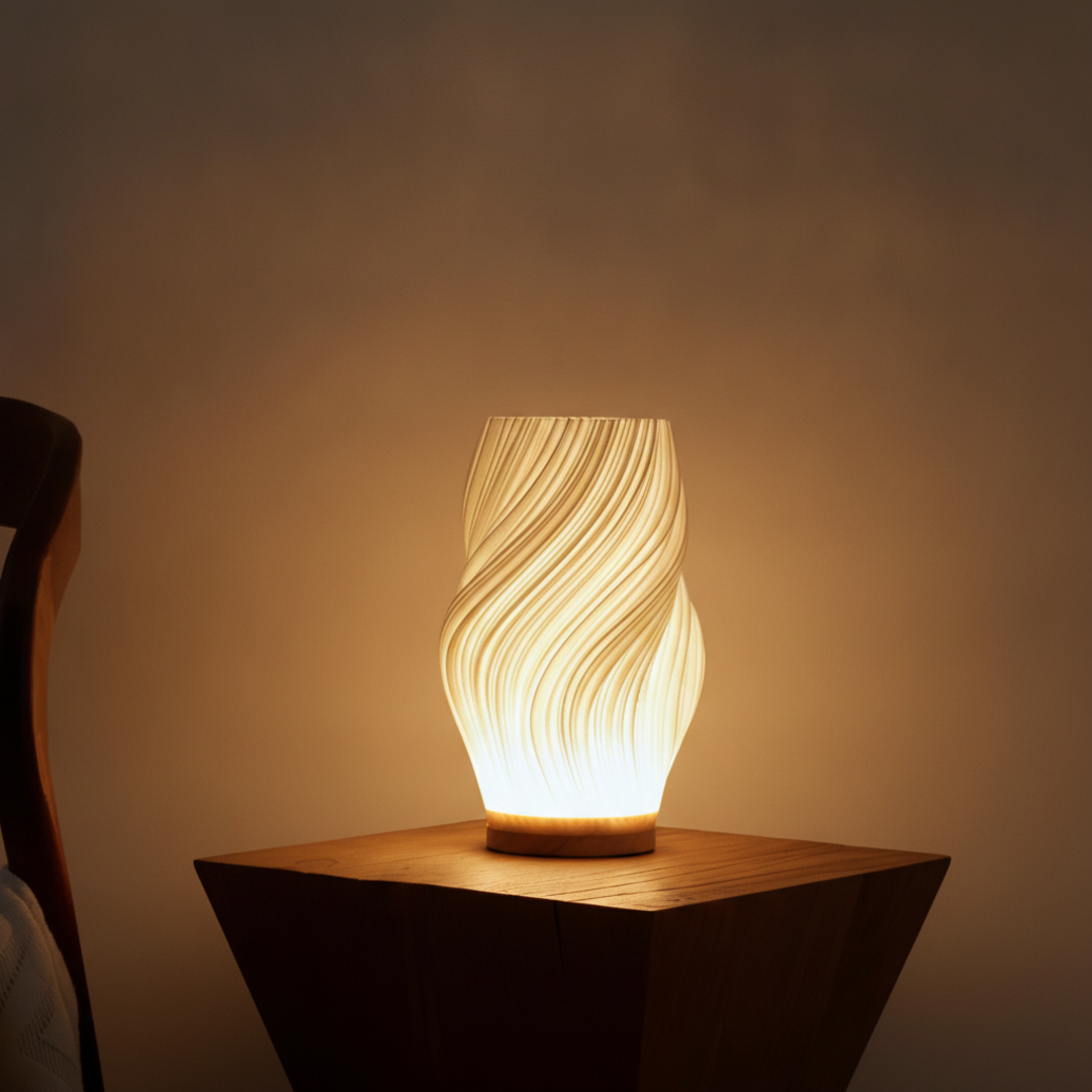 Keldvik — Bølge Table Lamp, Wave-Shaped Shade in Natural Wood — Premium Catalog Look, square 1