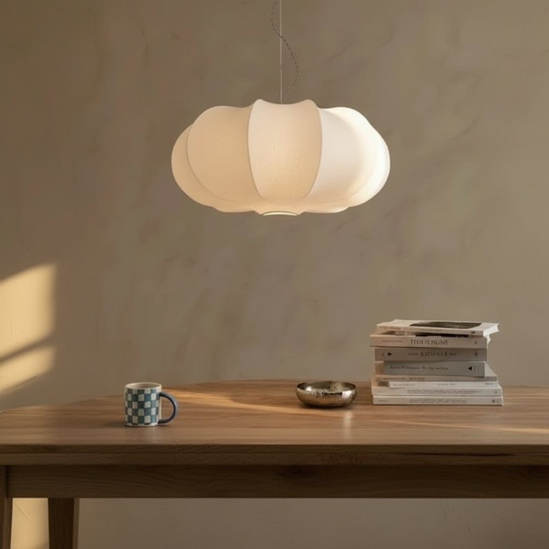 Keldvik — Silkveil Pendant Light, Handwoven Silk Shade on Metal Frame — Wooden Table, square 1