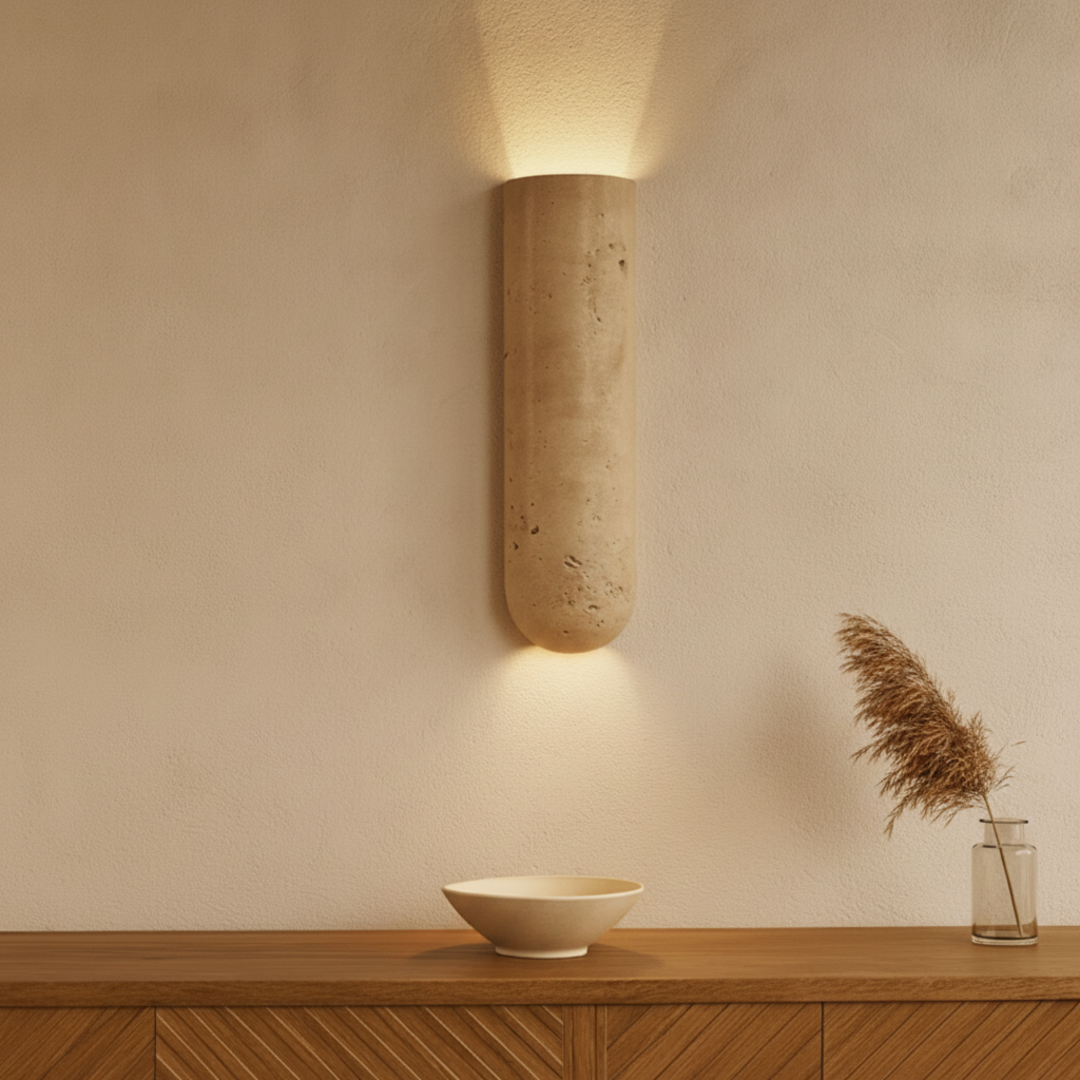 Keldvik — Stoneveil Wall Sconce, Authentic Travertine — Wall Sconce in Warm Hallway, square 1