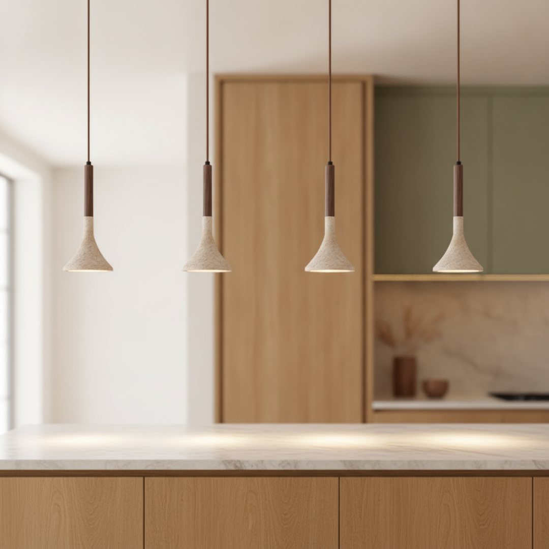 Keldvik — Woodnord Pendant Light, Natural Travertine and Wood — Kitchen Counter, square 2