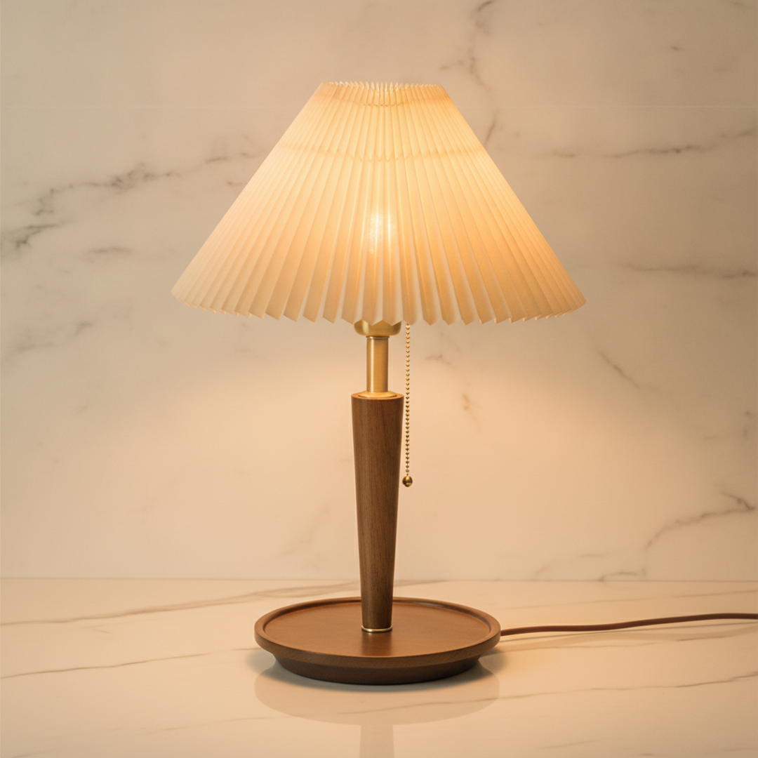 Keldvik — Hearthglow Table Lamp, Pleated Walnut Wood Shade — Marble Surface, square 2