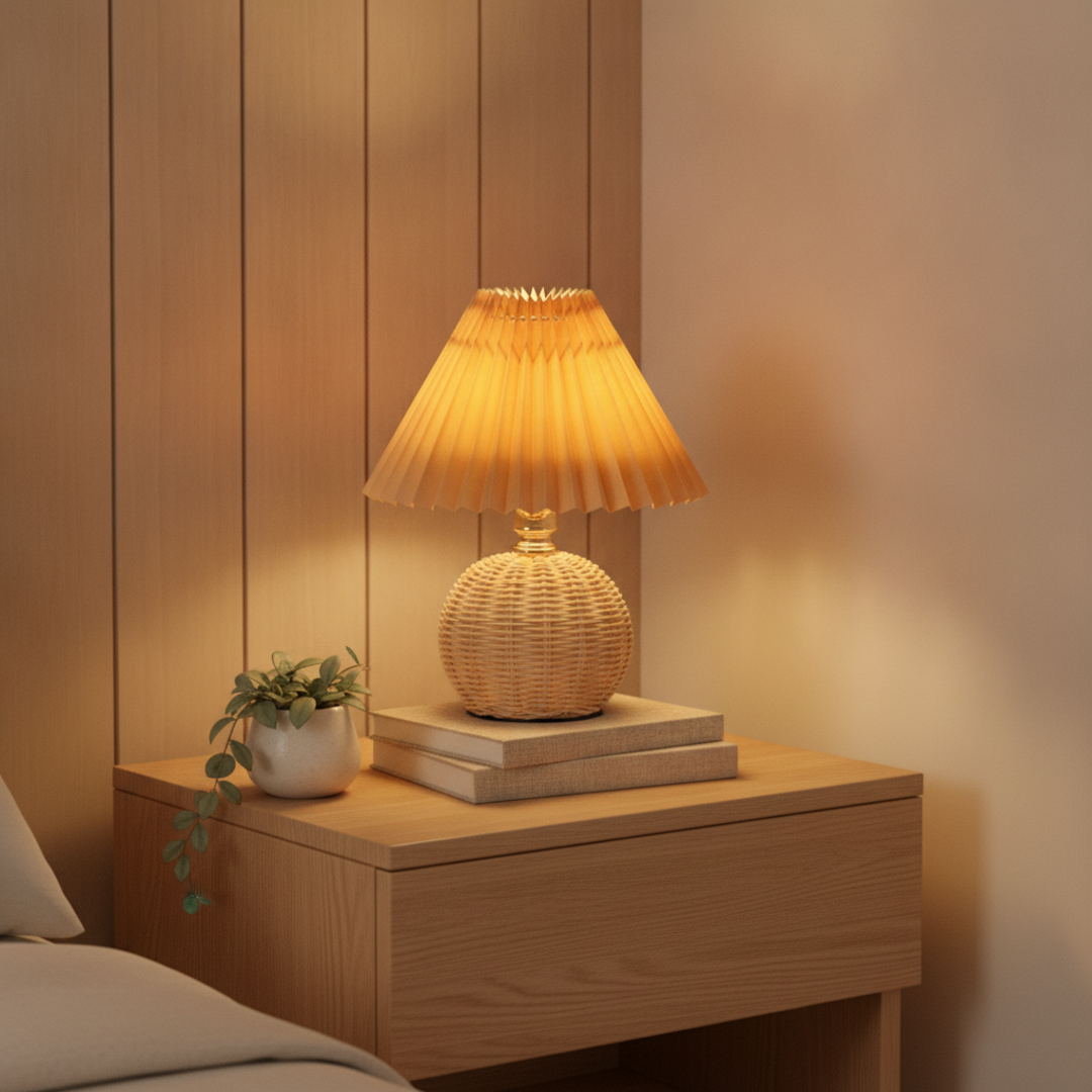 Keldvik — Hearthcone Table Lamp, Woven Rattan with Pleated Fabric Shade — Luxury Interior, square 2