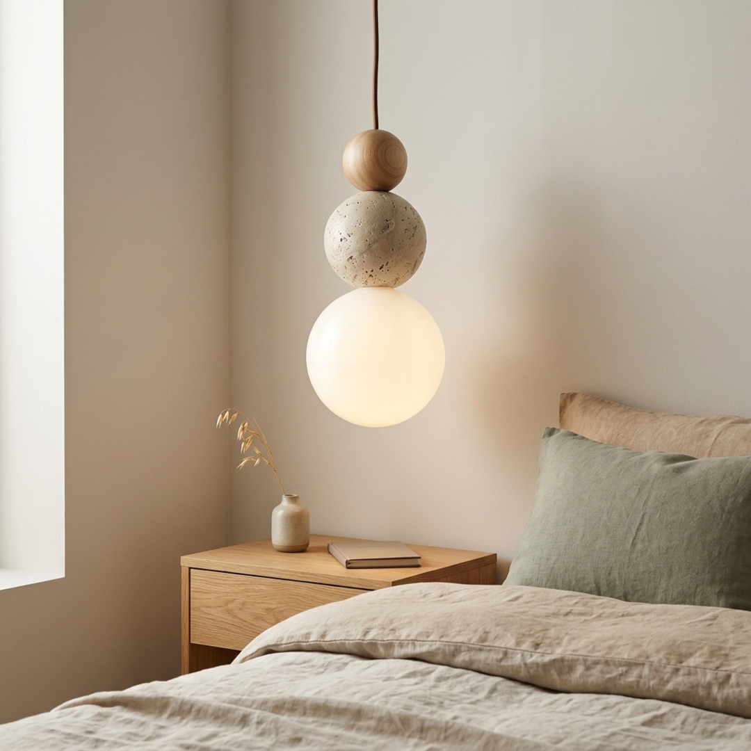 Keldvik — Stonewave Pendant Light, Textured Stone and Smooth Wood — Soft Neutral Bedroom, square 1