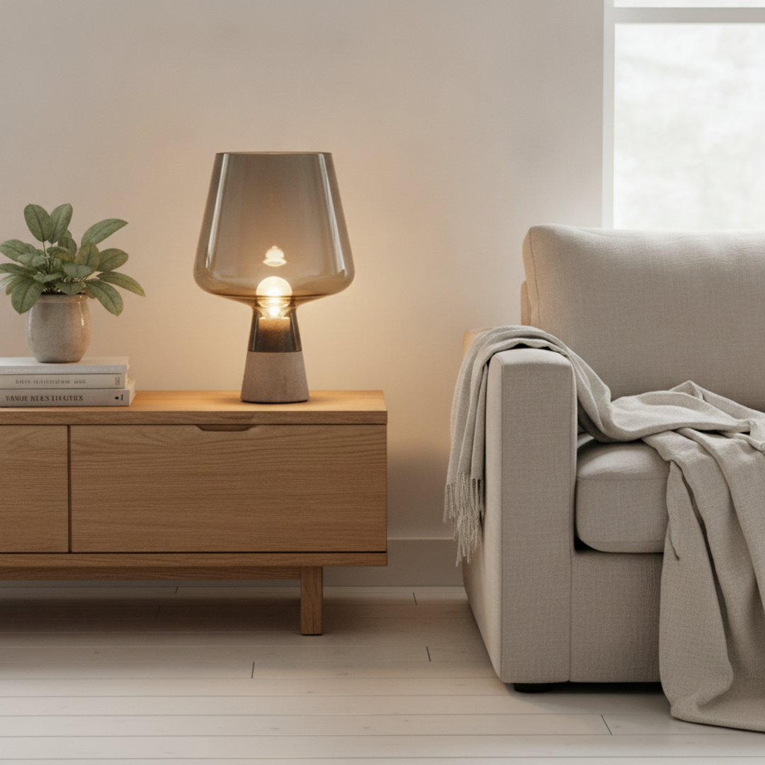 Keldvik — Hearthstone Table Lamp, Cement Base with Glass Shade — Scandinavian Minimal Interior, square 1