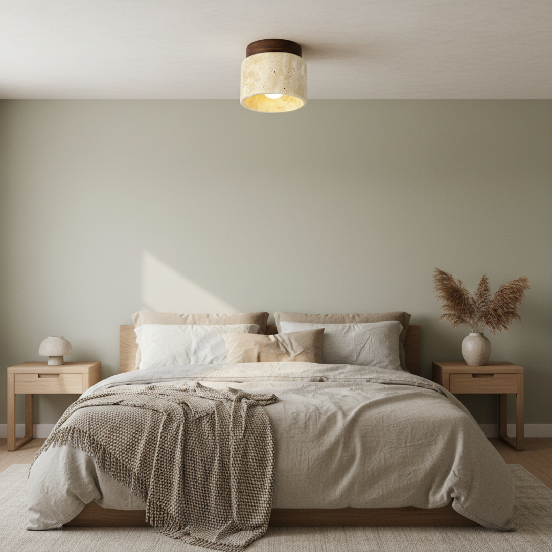 Keldvik — TranquilStone Ceiling Lamp, Genuine Travertine and Wood — Soft Neutral Bedroom, square 4