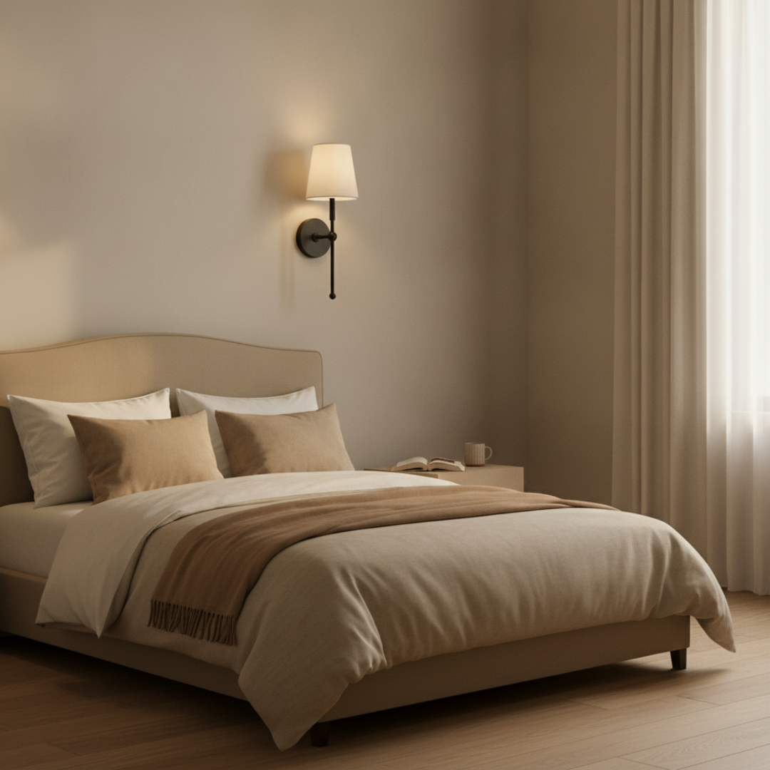 Keldvik — Emberhue Wall Sconce, Vintage Fabric with Metal Accents — Soft Neutral Bedroom, square 1
