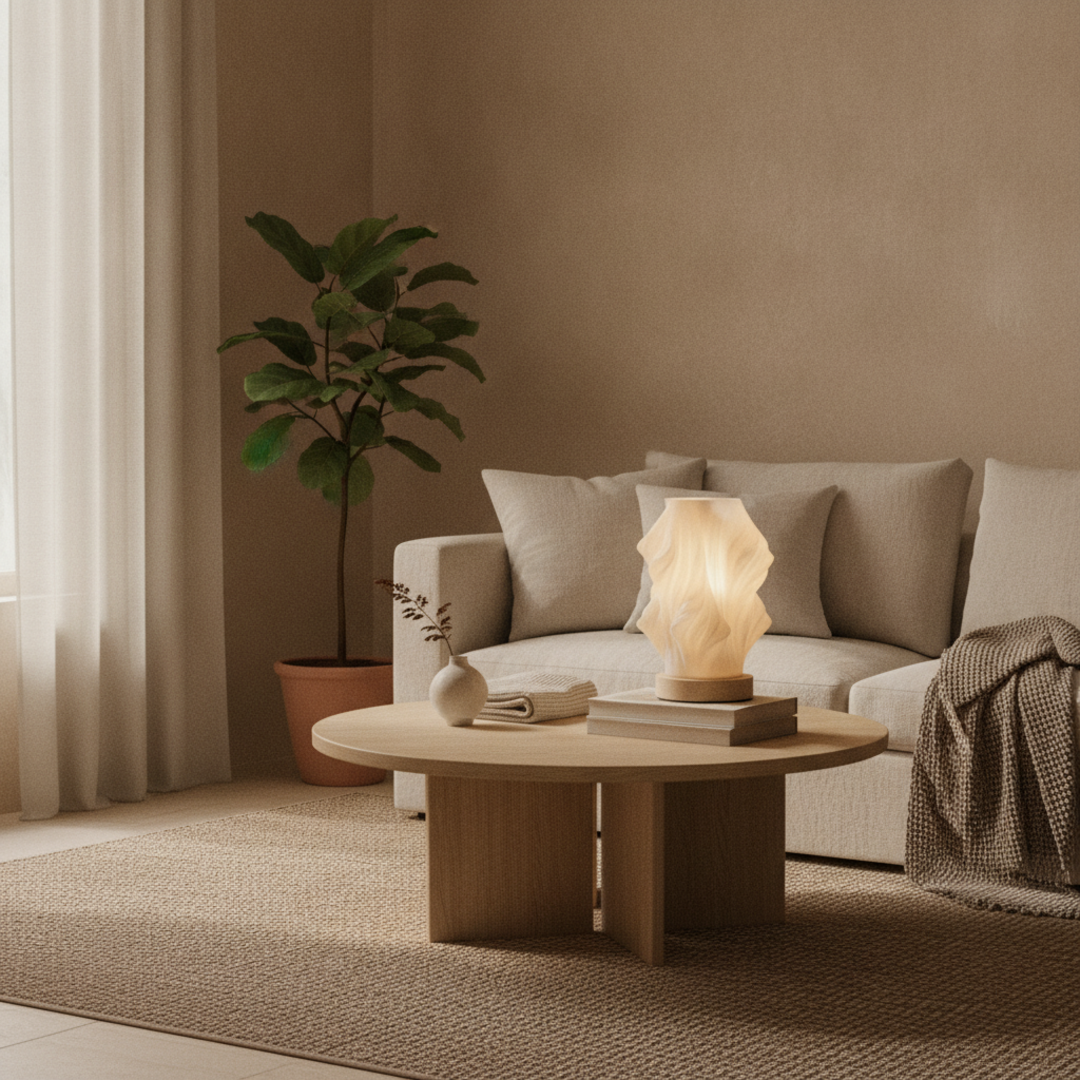 Keldvik — Bølge Table Lamp, Wave-Shaped Shade in Natural Wood — Nordic Japandi Living Room, square 2