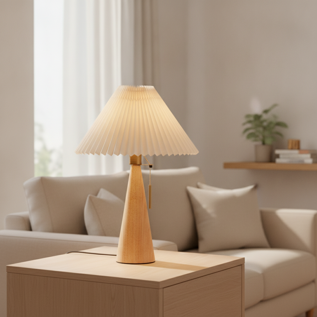 Keldvik — Dawnveil Table Lamp, Natural Rubberwood and Pleated Fabric — Modern Home Interior, square 1