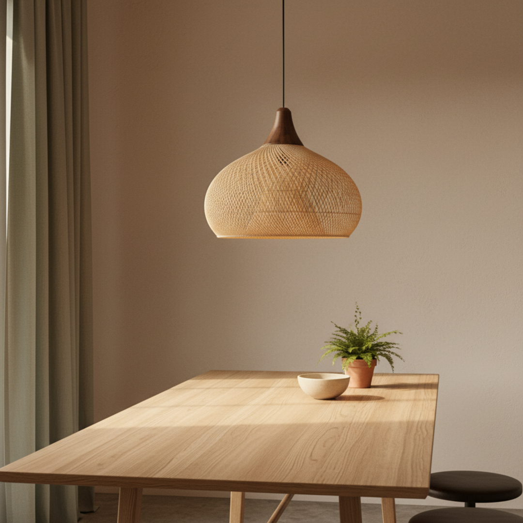 Keldvik — WovenGlow Ceiling Lamp, Handcrafted Wisteria Rattan — Warm Beige Interior, square 1