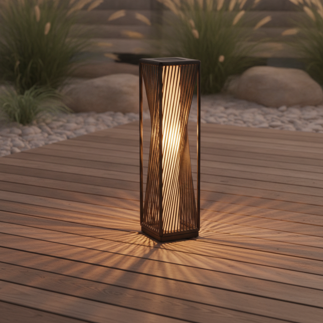 Keldvik — TerraGlow Outdoor Lamp, Weather-Resistant Resin Wicker and Iron — Outdoor Patio Evening Scene, square 2