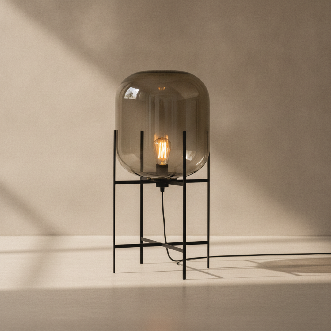 Keldvik — Hazeveil Table Light, Smokey Grey Glass Dome — Concrete Surface, square 1