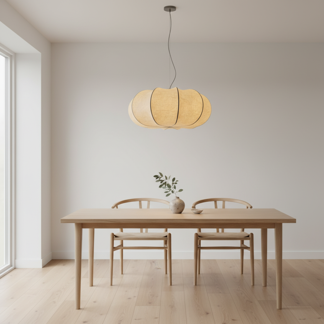 Keldvik — Silkveil Pendant Light, Handwoven Silk Shade on Metal Frame — Scandinavian Minimal Interior, square 1