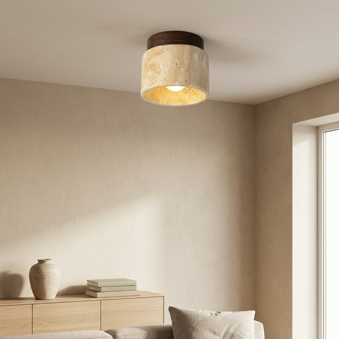 Keldvik — TranquilStone Ceiling Lamp, Genuine Travertine and Wood — Nordic Japandi Living Room, square 1