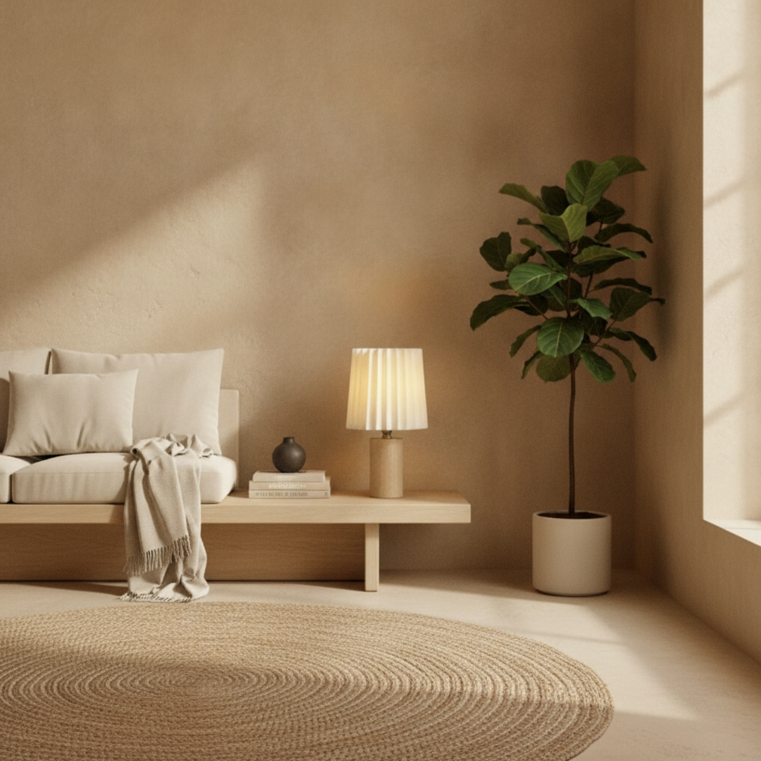 Keldvik — Mistdome Table Lamp, Solid Wood with Cream Linen Shade — Nordic Japandi Living Room, square 1