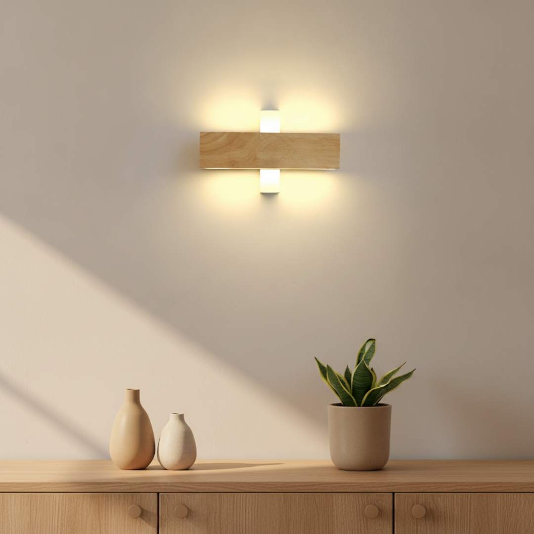 Keldvik — Harmonia Wall Sconce, Solid Wood and Frosted Acrylic — Natural Wood Sideboard, square 1