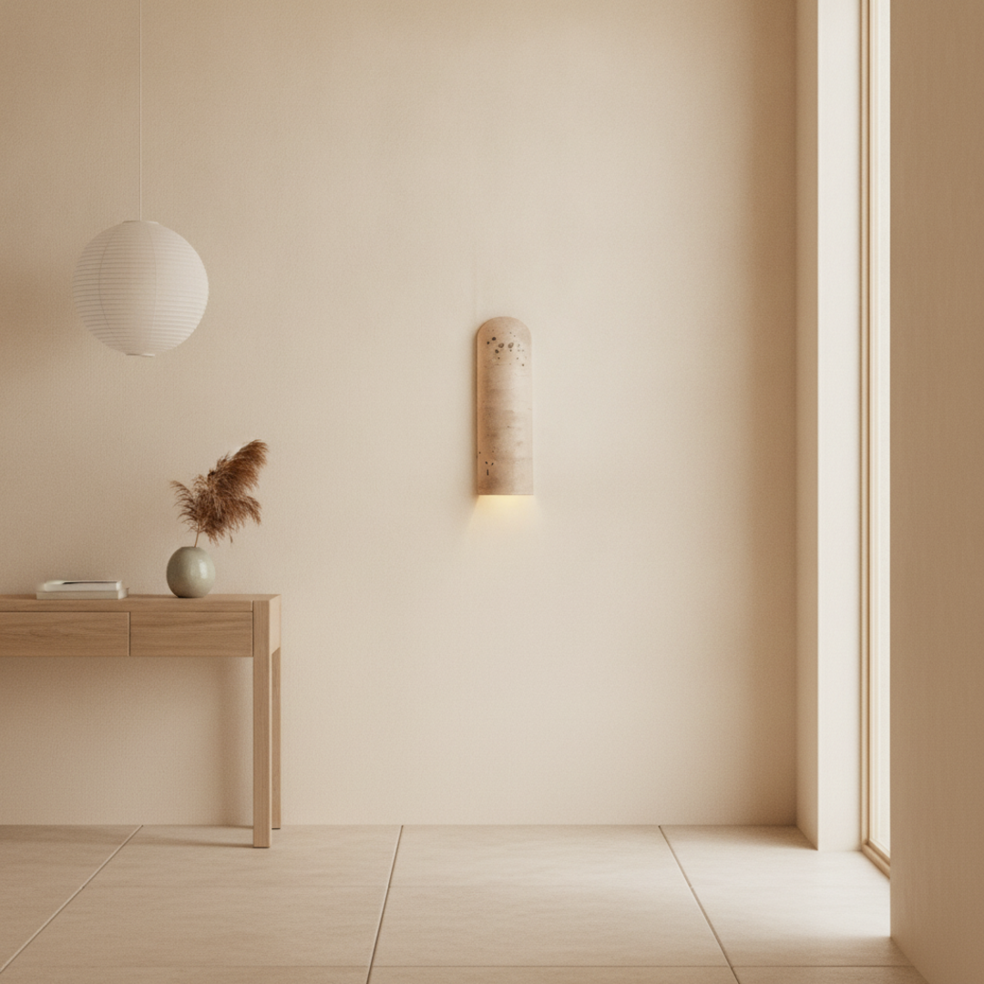 Keldvik — Stoneveil Wall Sconce, Authentic Travertine — Wall Sconce in Warm Hallway, square 6