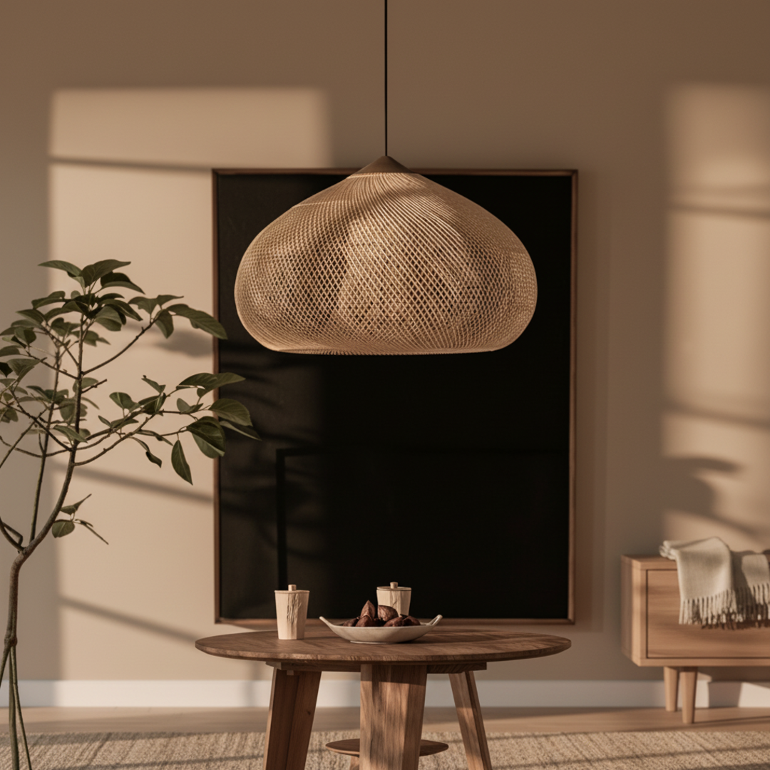 Keldvik — WovenGlow Ceiling Lamp, Handcrafted Wisteria Rattan — Nordic Japandi Living Room, square 1