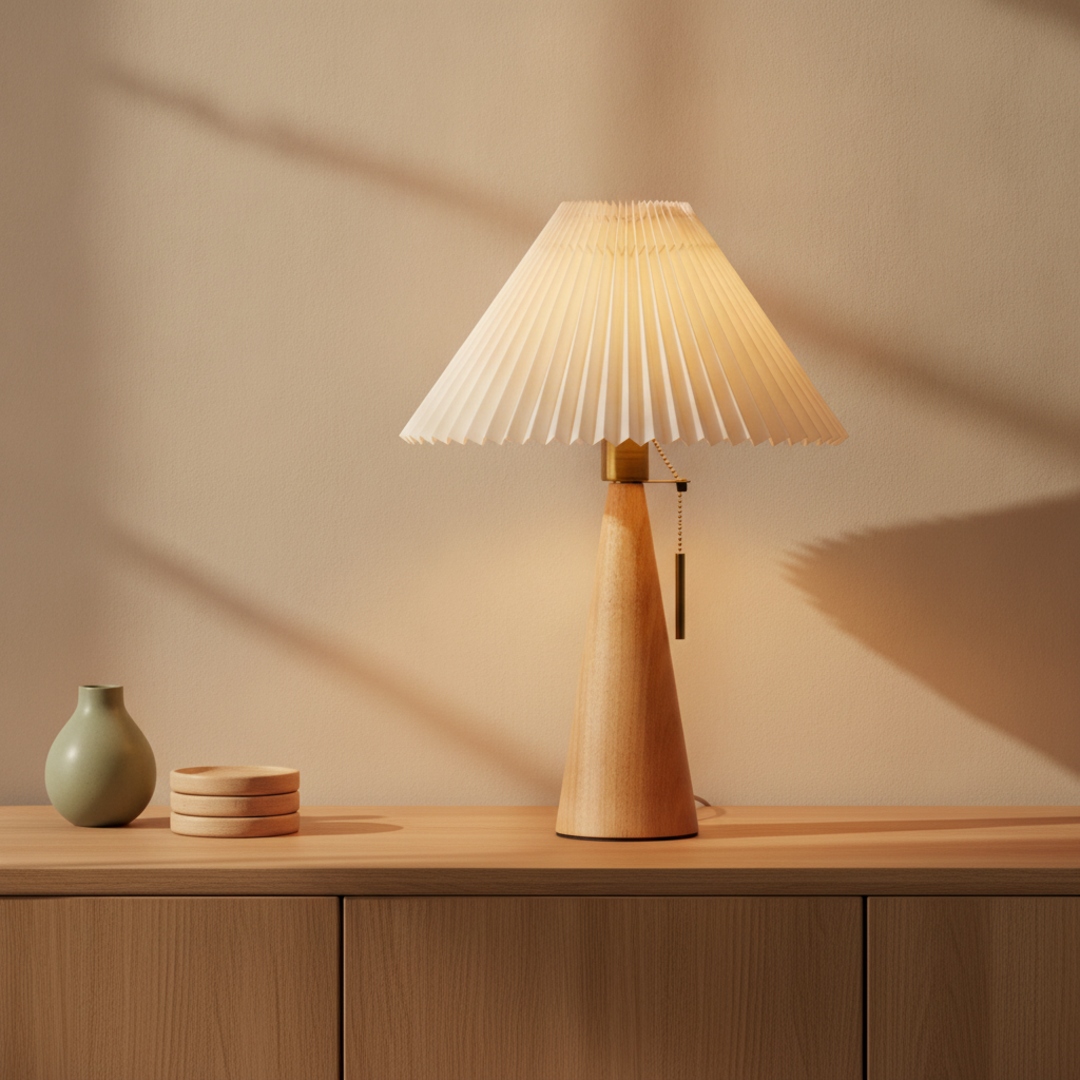 Keldvik — Dawnveil Table Lamp, Natural Rubberwood and Pleated Fabric — Natural Wood Sideboard, square 1