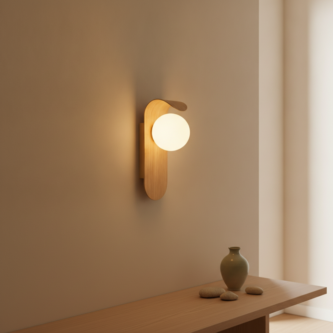Keldvik — Mistveil Wall Lamp, Frosted Glass Globe on Wood Base — Wall Sconce in Warm Hallway, square 1