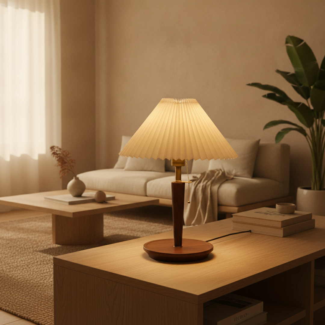Keldvik — Hearthglow Table Lamp, Pleated Walnut Wood Shade — Nordic Japandi Living Room, square 2