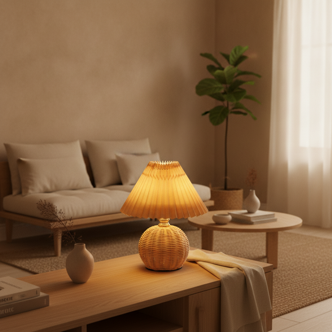 Keldvik — Hearthcone Table Lamp, Woven Rattan with Pleated Fabric Shade — Nordic Japandi Living Room, square 1
