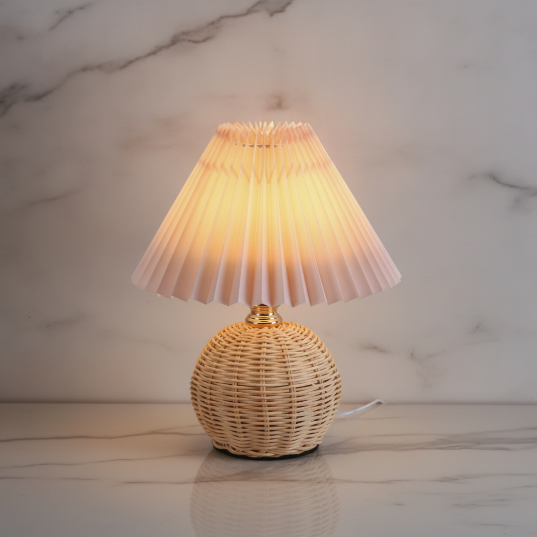 Keldvik — Hearthcone Table Lamp, Woven Rattan with Pleated Fabric Shade — Marble Surface, square 2
