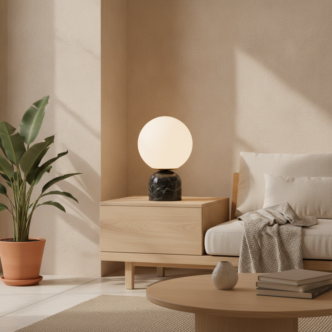 Keldvik — Onyx Table Lamp, Smooth Black Marble Base with White Glass Shade — Nordic Japandi Living Room, square 3