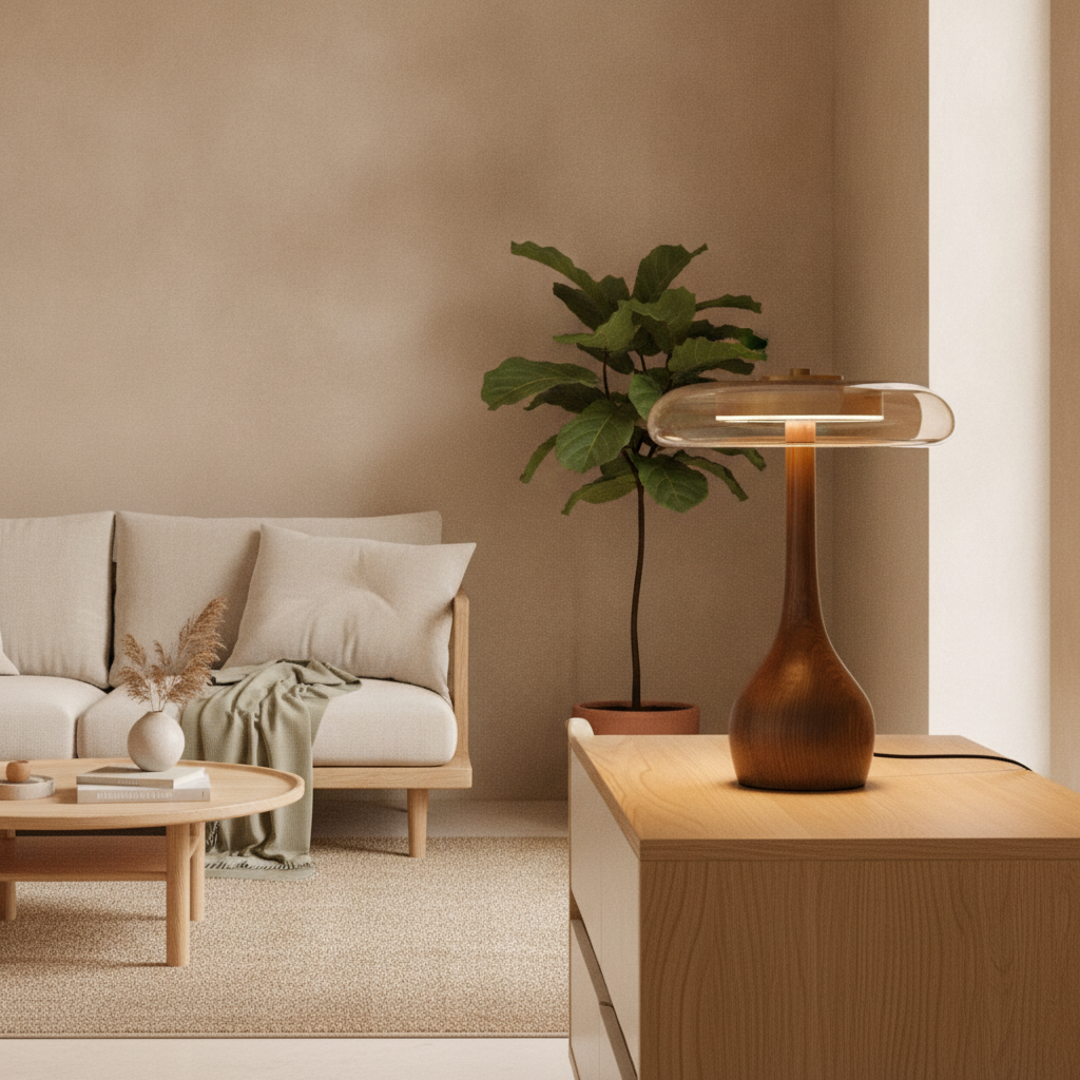 Keldvik — Duskglow Table Lamp, Curved Walnut Base with Amber Glass Shade — Nordic Japandi Living Room, square 2