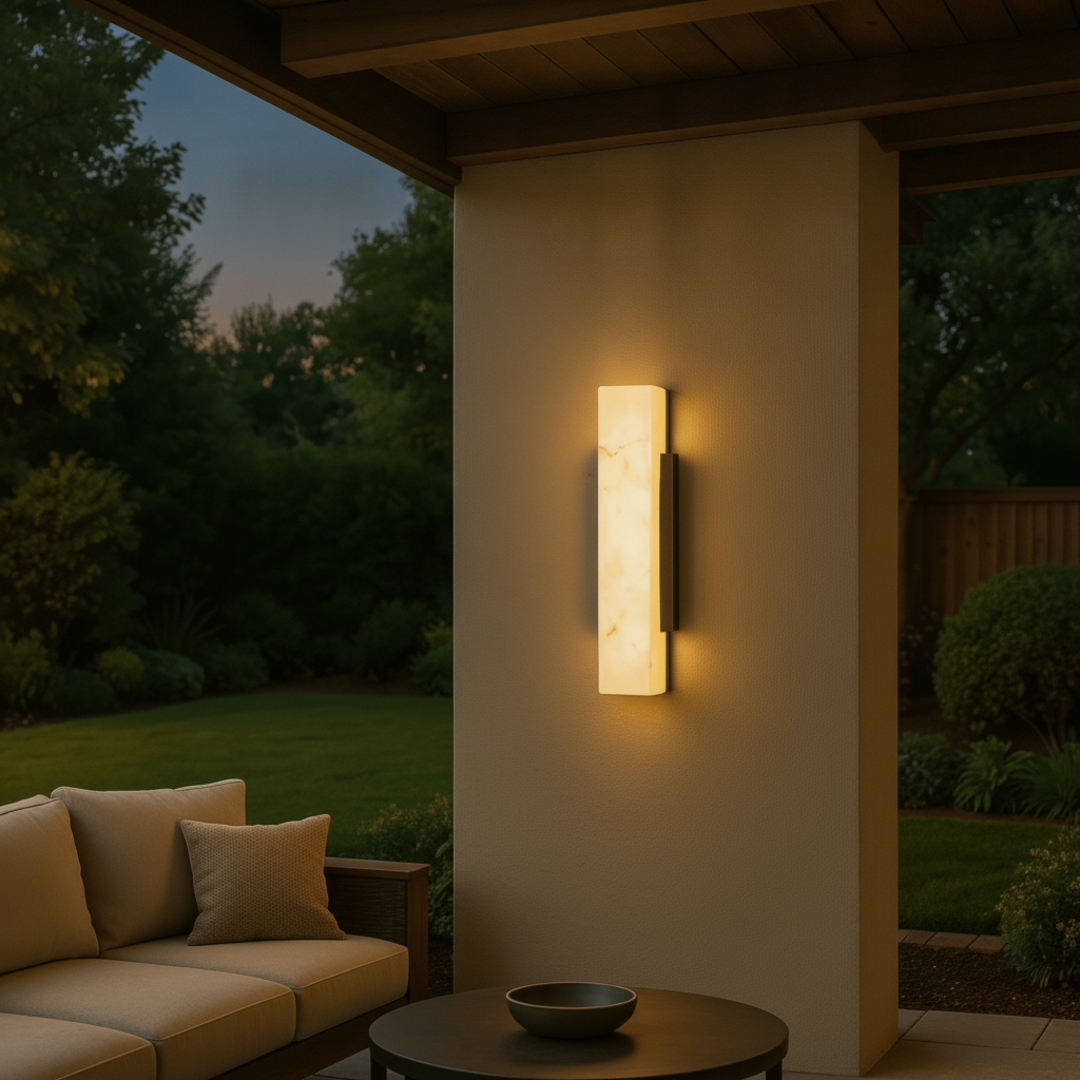 Keldvik — Emberveil Outdoor Wall Light, Imitation Marble and Stainless Steel — Outdoor Patio Evening Scene, square 3