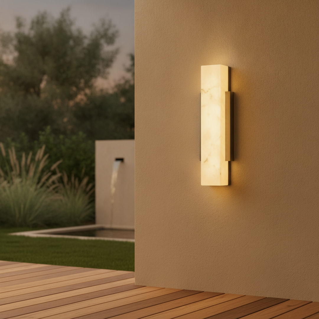 Keldvik — Emberveil Outdoor Wall Light, Imitation Marble and Stainless Steel — Outdoor Patio Evening Scene, square 2