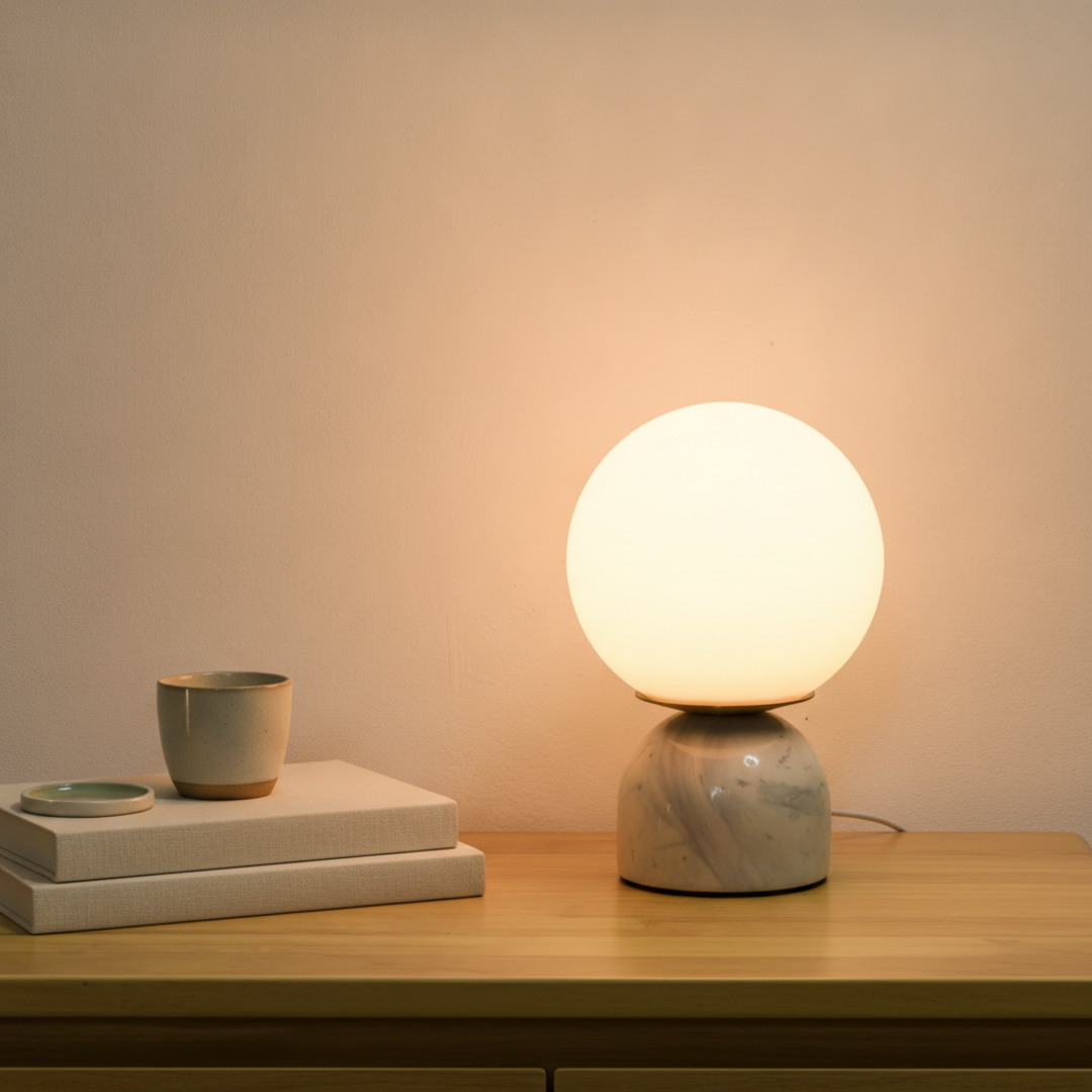 Keldvik — Onyx Table Lamp, Smooth Black Marble Base with White Glass Shade — Warm Neutral Studio, square 1