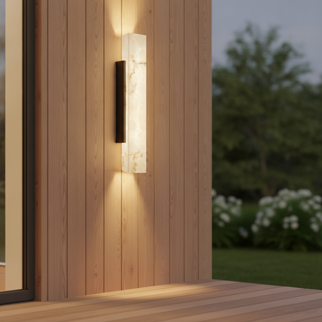 Keldvik — Emberveil Outdoor Wall Light, Imitation Marble and Stainless Steel — Outdoor Patio Evening Scene, square 1