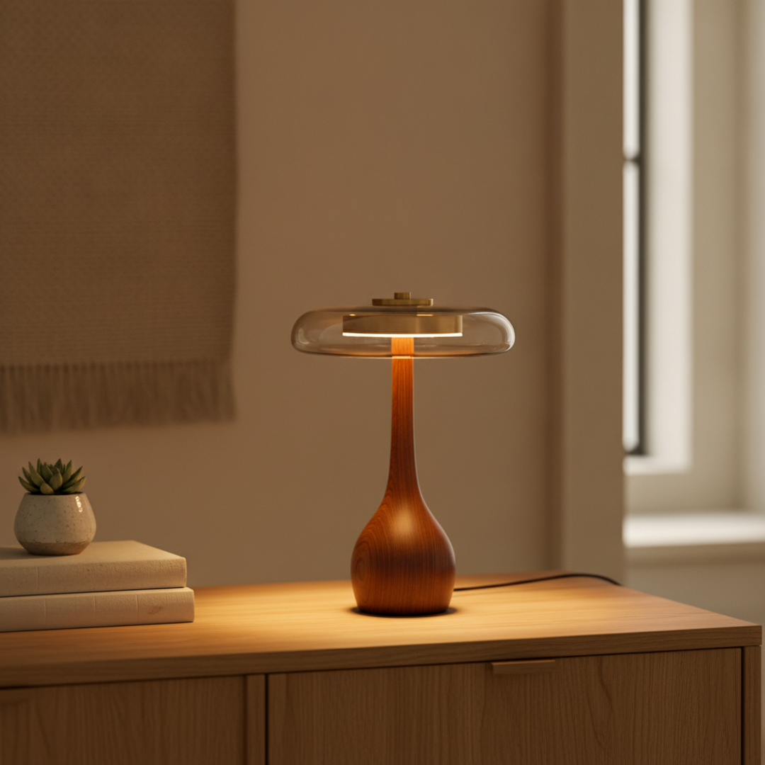 Keldvik — Duskglow Table Lamp, Curved Walnut Base with Amber Glass Shade — Luxury Interior, square 1