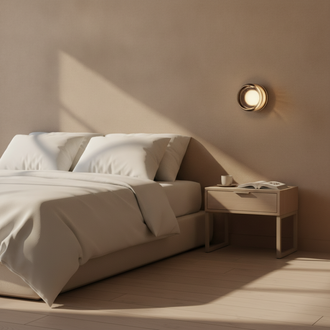 Keldvik — Ember Wall Lamp, Dimpled Smoked Grey Glass — Soft Neutral Bedroom, square 1