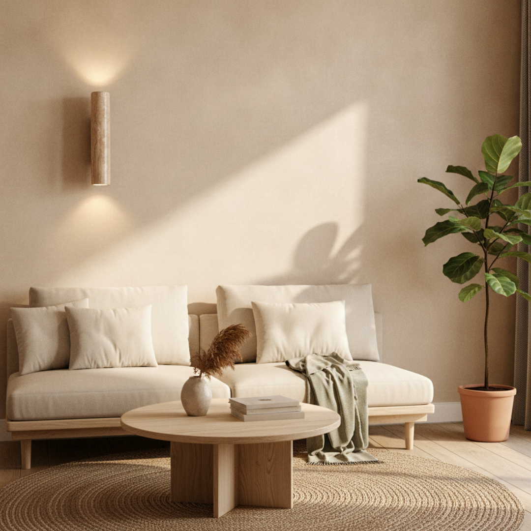 Keldvik — Wabi Wall Light, Hand-Carved Natural Travertine — Nordic Japandi Living Room, square 1