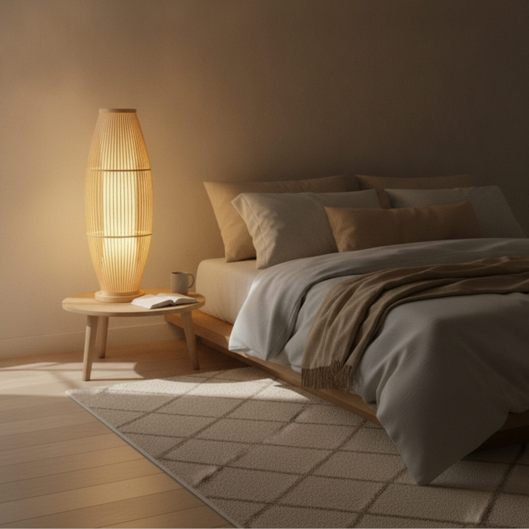 Keldvik — BambooMist Floor Lamp, Handwoven Bamboo and Metal — Soft Neutral Bedroom, square 2